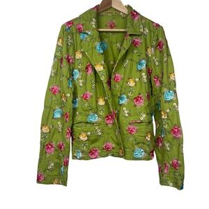 Johnny Was Womens Green Floral Embroidered Cotton Blazer Jacket Size M
